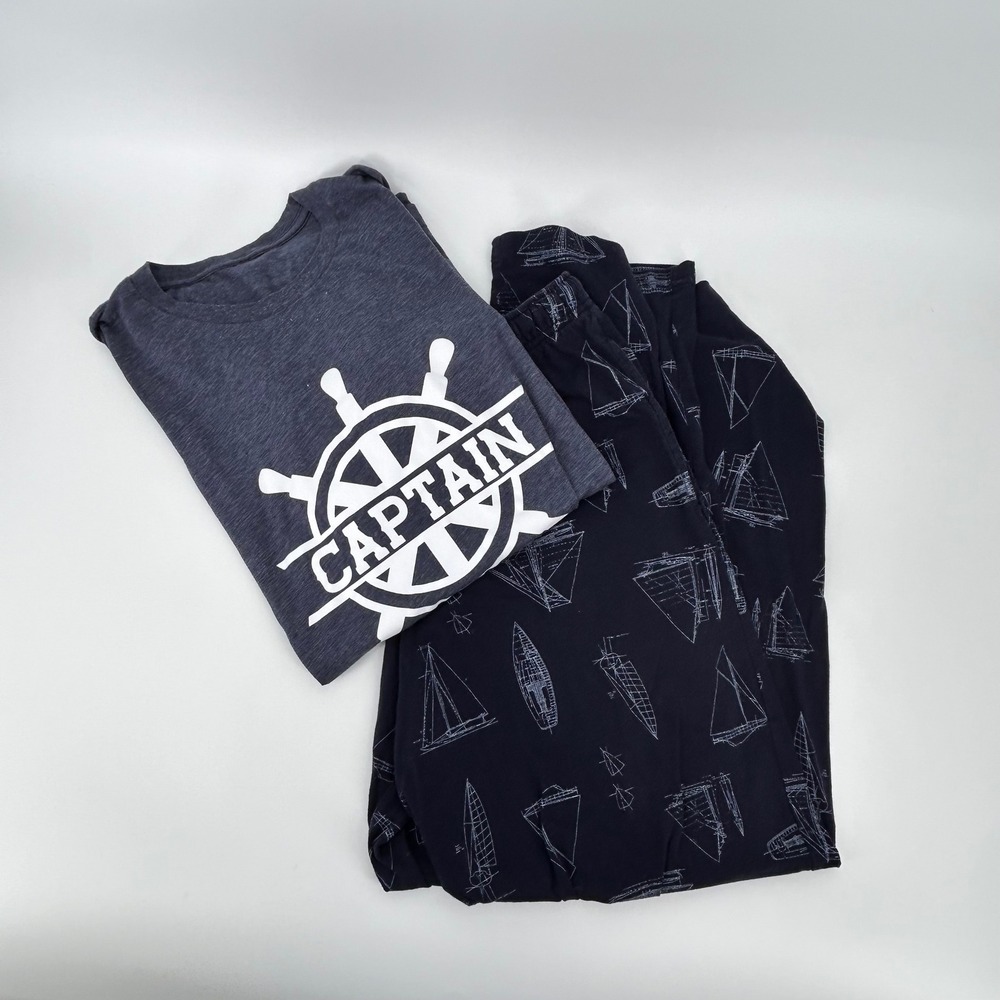 Merona Mens Captain Nautical Pajama Set Grey Navy Sailboat Print Large L